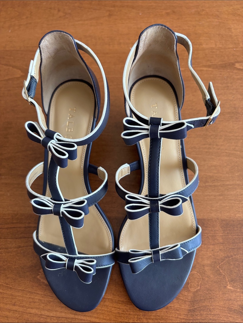 Talbots Navy T-Strap Bow Sandals with White Trim